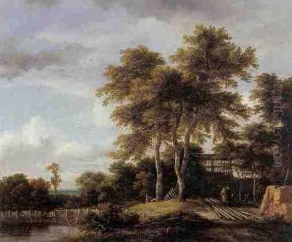 A Wooded Landscape With Figures Outside The Gates Of A Woodyard Oil Painting by Jacob Van Ruisdael