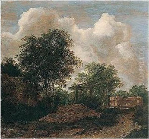 Wooded Landscape With Figures Building A House Oil Painting by Jacob Van Ruisdael