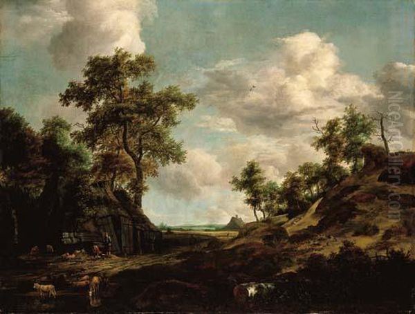 An Extensive Wooded Landscape With A Shepherd And His Flock By An Old Barn Oil Painting by Jacob Van Ruisdael