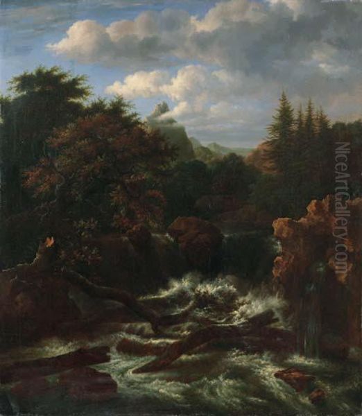 A Traveller On A Rock By A Waterfall In A Wooded Landscape Oil Painting by Jacob Van Ruisdael