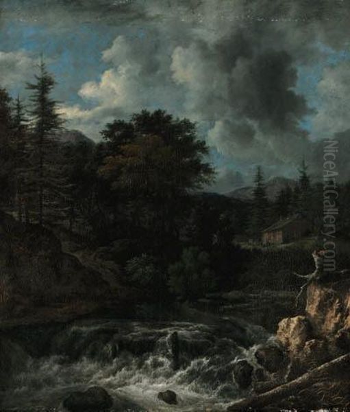 A Torrent In A Scandinavian Wooded Landscape, A Cottagebeyond by Jacob Van Ruisdael