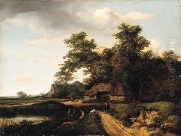 A Wooded Landscape With A Traveler Resting On A Path Oil Painting by Jacob Van Ruisdael