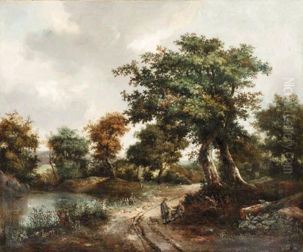 A Wooded River Landscape With Travellers Resting Oil Painting by Jacob Van Ruisdael