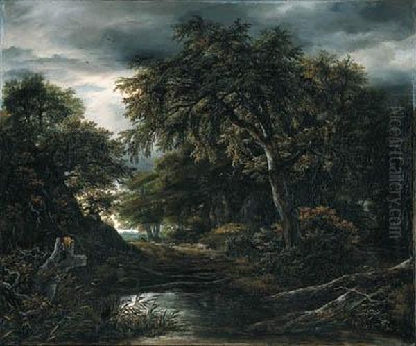 A Wooded Landscape In Stormy Weather With A Pool, A Peasant And Adog On A Track Oil Painting by Jacob Van Ruisdael