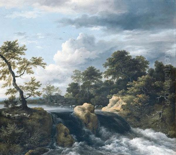 A River Landscape With A Waterfall, A Rustic Cottage Beyond Oil Painting by Jacob Van Ruisdael