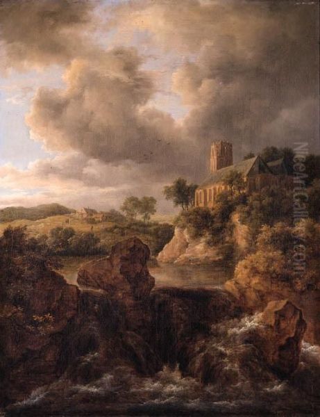 A Waterfall In A Mountainous Landscape, A Church On A Cliffbeyond Oil Painting by Jacob Van Ruisdael