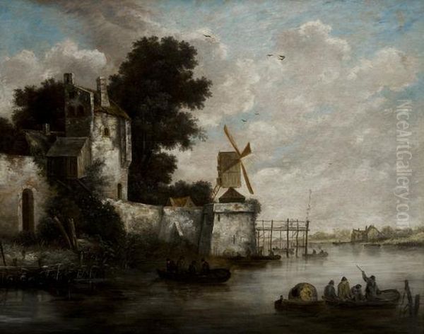 Paesaggio Fluviale Con Mulino, Imbarcazioni E Pescatori Oil Painting by Salomon van Ruysdael