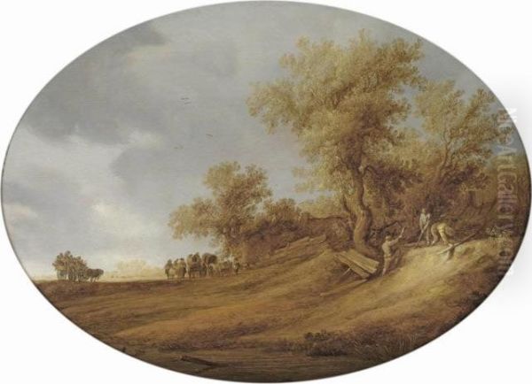 A Dune Landscape With Travellers On A Path And Three Men Mending A Fence Oil Painting by Salomon van Ruysdael