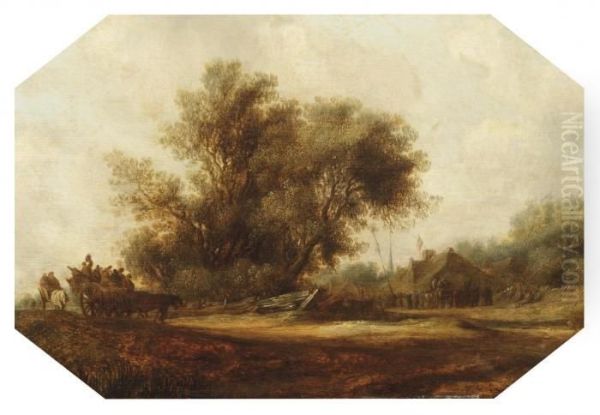 A Landscape With Travellers In A Cart Along A Path Oil Painting by Salomon van Ruysdael