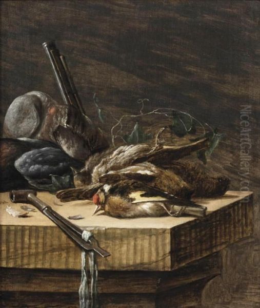 A Still Life Of Game Birds And Hunting Paraphernalia On A Stone Ledge Oil Painting by Salomon van Ruysdael