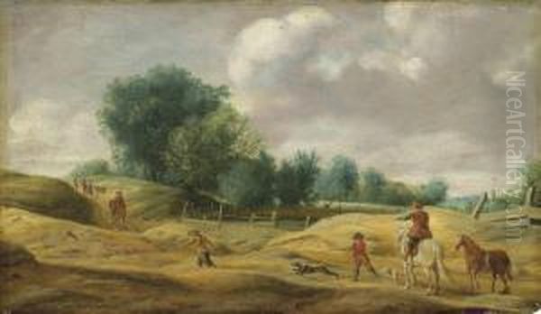 A Landscape With Peasants Coursing Hares Oil Painting by Salomon van Ruysdael