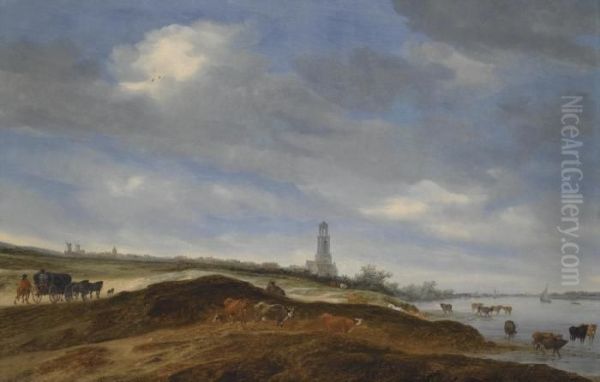 A Panoramic View Of Rhenen From 
The Banks Of The Rhine To The West Of The City, With The Church Of St. 
Cunera In The Distance, And A Horse-drawn Wagon And Cattle In The 
Foreground Oil Painting by Salomon van Ruysdael