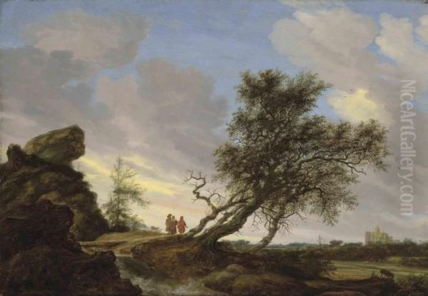 An Extensive Landscape With The Road To Emmaus Oil Painting by Salomon van Ruysdael