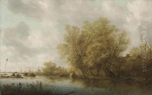 A River Landscape With Sportsmen Duck Shooting From A Boat Oil Painting by Salomon van Ruysdael