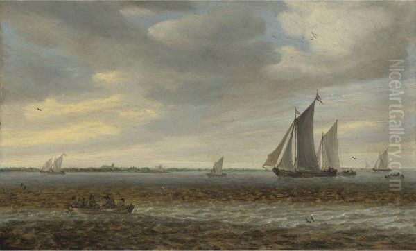 Sailboats And A Rowboat In Coastal Waters Oil Painting by Salomon van Ruysdael