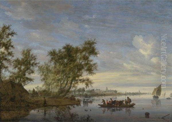 Ferry Boat With Cattle On The River Vecht Near Nijenrode Oil Painting by Salomon van Ruysdael