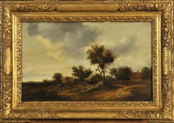 Two Peasants On A Country Track Near Cottages Oil Painting by Salomon van Ruysdael