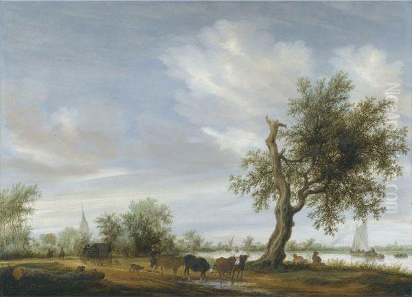 A River Landscape Oil Painting by Salomon van Ruysdael