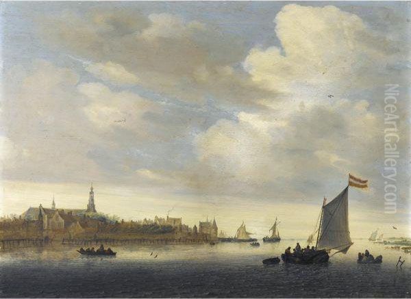 A River View With The Town Of Weesp Oil Painting by Salomon van Ruysdael