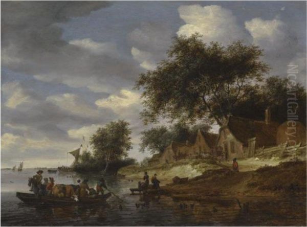 A River Landscape With Figures 
Crossing To The Shore On A Cattle Ferry, With Washerwomen On The Bank Oil Painting by Salomon van Ruysdael