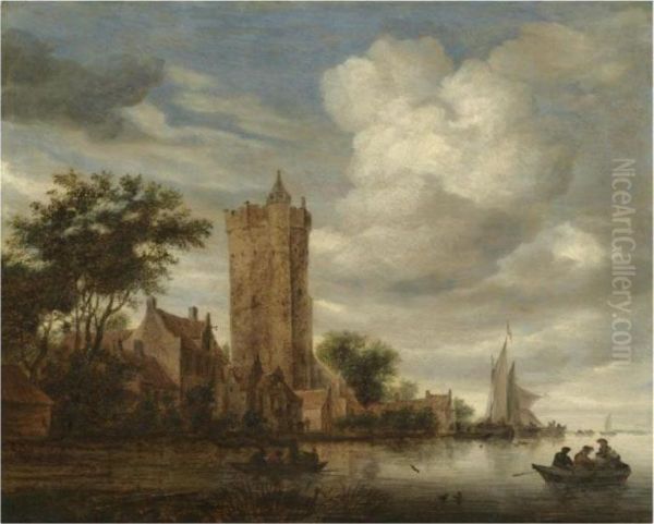 A River Landscape With A View Of
 The Bijlhouwerstoren, Utrecht, Setin A Village On The Bank Oil Painting by Salomon van Ruysdael