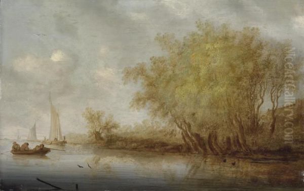 A River Landscape With Sportsmen Shooting Duck From A Boat Oil Painting by Salomon van Ruysdael