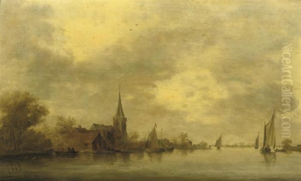 A River Landscape With Sailing Vessels Near A Village Oil Painting by Salomon van Ruysdael