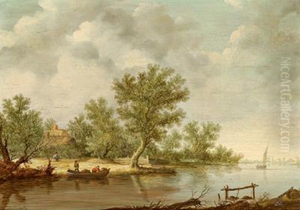 Flusslandschaft Mit Einer Fahre Oil Painting by Salomon van Ruysdael