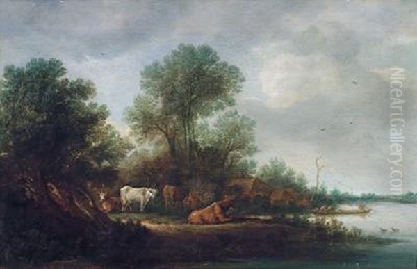 Bewaldete Flusslandschaft Mit Einer Fahre Und Kuhen Oil Painting by Salomon van Ruysdael