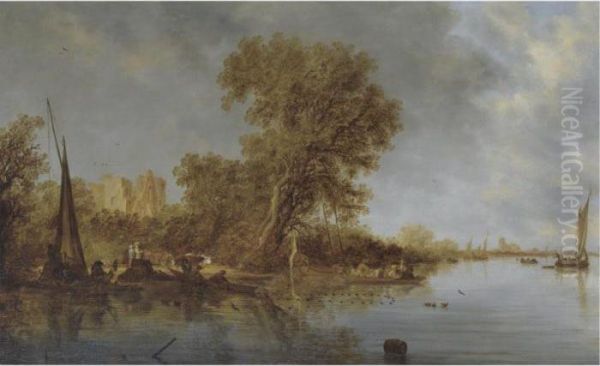 River Landscape With Fishermen Casting Their Nets Oil Painting by Salomon van Ruysdael