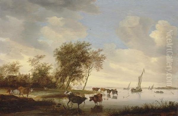 A River Landscape With Cattle Watering And Sailing Boats Beyond Oil Painting by Salomon van Ruysdael