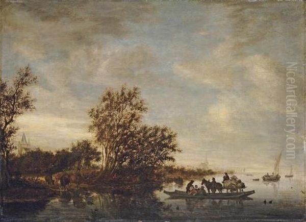 A River Landscape By Herwen And 
Aerdt In Gelderland, With A Ferry Taking A Horse And Cart Across The 
River And Cattle And A Drover By The Bank Oil Painting by Salomon van Ruysdael