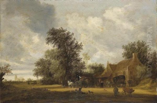 A Wooded Landscape With Cattle, Carriages On A Track And An Inn, A Church Beyond Oil Painting by Salomon van Ruysdael