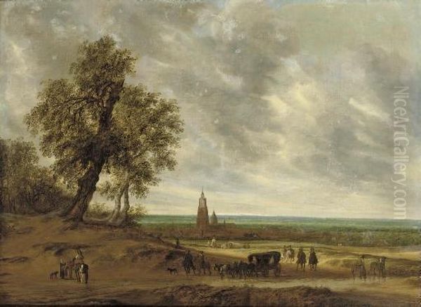 A Panoramic Landscape With Travellers On A Path, The City Of Amersfoort Beyond Oil Painting by Salomon van Ruysdael