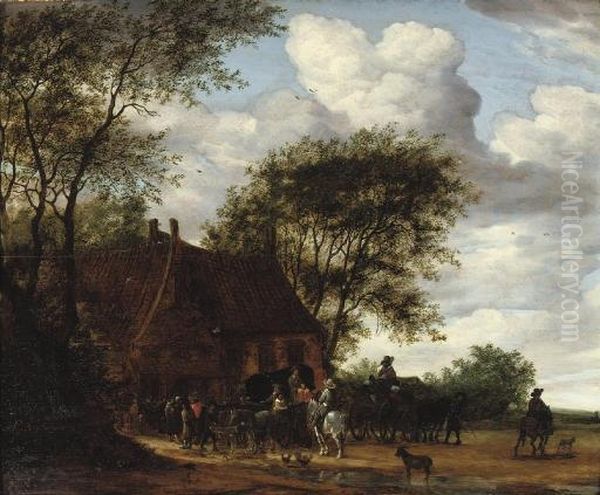 A Wooded Landscape With Travellers By An Inn Oil Painting by Salomon van Ruysdael