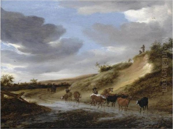 A Dune Landscape With Herdsmen And Their Cattle On A Flooded Path Oil Painting by Salomon van Ruysdael