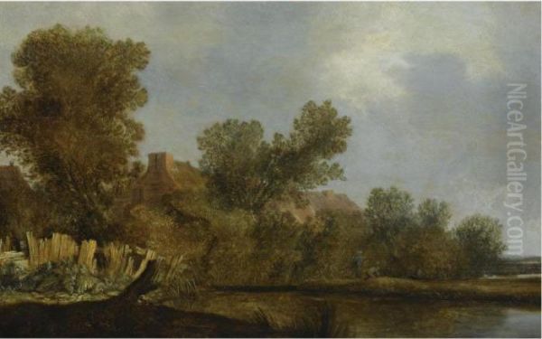 A River Landscape With Fishermen In A Boat, Near Farmhouses Oil Painting by Salomon van Ruysdael