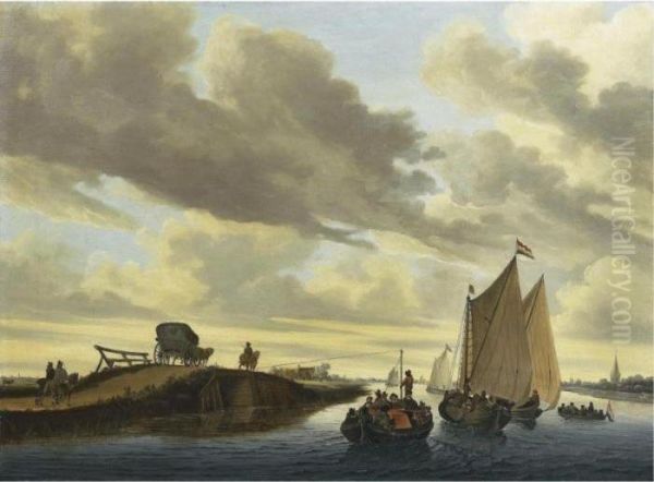 Shipping On An Inland Canal, With A Barge Being Pulled By A Horse From The Towpath Oil Painting by Salomon van Ruysdael