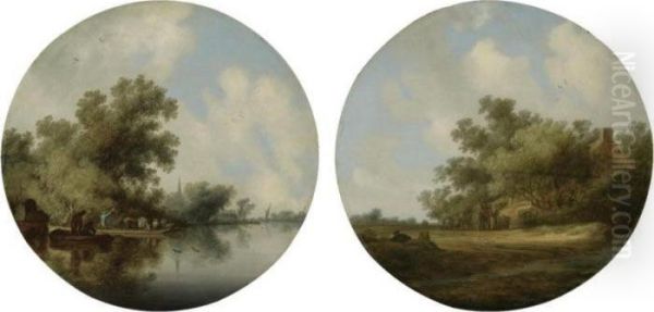 A River Landscape With A Cattle 
Ferry By A Wooded Bank; A Landscape With Figures In A Wagon By A House 
Overhung With Tress Oil Painting by Salomon van Ruysdael