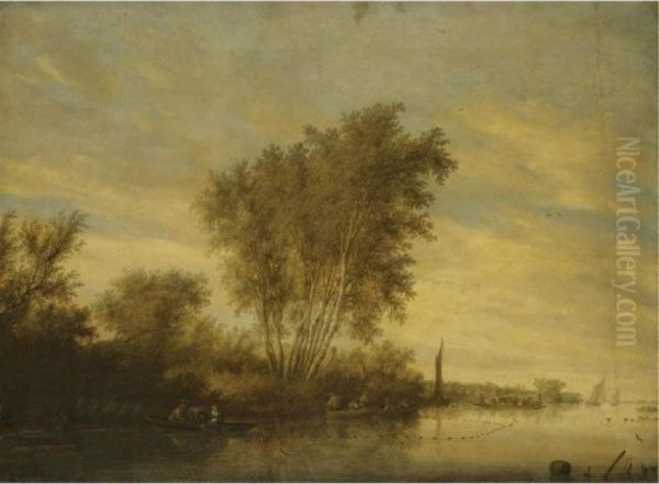 River Landscape With Fishermen Setting Out Their Nets, A Ferry Beyond Oil Painting by Salomon van Ruysdael