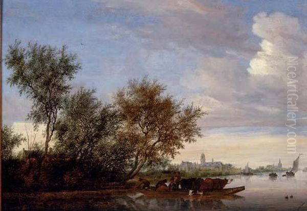 Ferry Boat With Cattle On The River Vecht Near Nijenrode Oil Painting by Salomon van Ruysdael