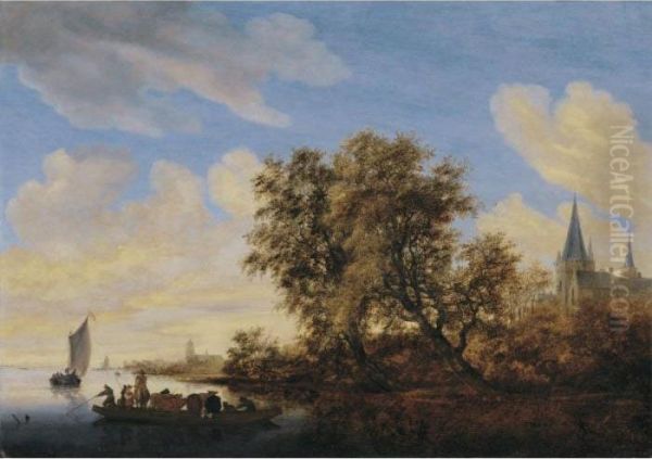 River Landscape With A Ferryboat by Salomon van Ruysdael