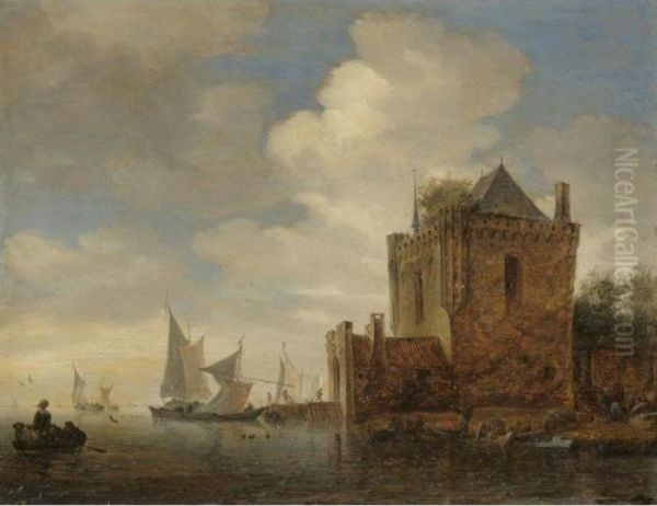 A River Estuary With A Fort And Men Unloading Onto The Shore Oil Painting by Salomon van Ruysdael