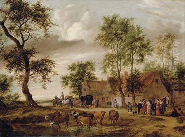 A Village Landscape Oil Painting by Salomon van Ruysdael