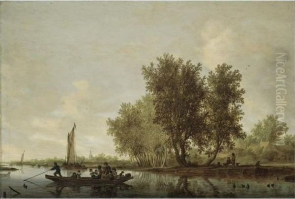 A River Landscape With Figures 
In A Ferry, Barges And Rowing Boats Beyond, And Other Figures Resting On
 A Bench Near Cottages Oil Painting by Salomon van Ruysdael