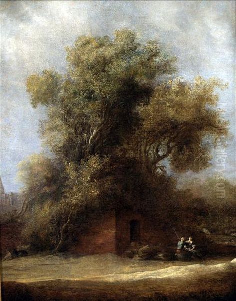 Figures Seated Near A Rustic Dwelling Beneath A Walnuttree Oil Painting by Salomon van Ruysdael