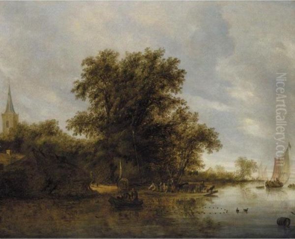 River Landscape With A Cattle Ferry Oil Painting by Salomon van Ruysdael