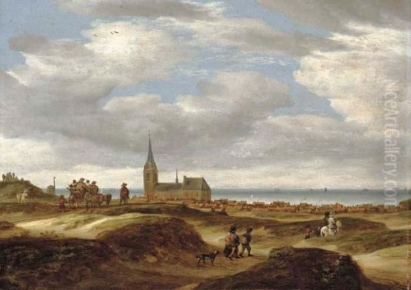 A View Of Scheveningen From The Dunes With Travellers On A Path, The Sea Beyond Oil Painting by Salomon van Ruysdael