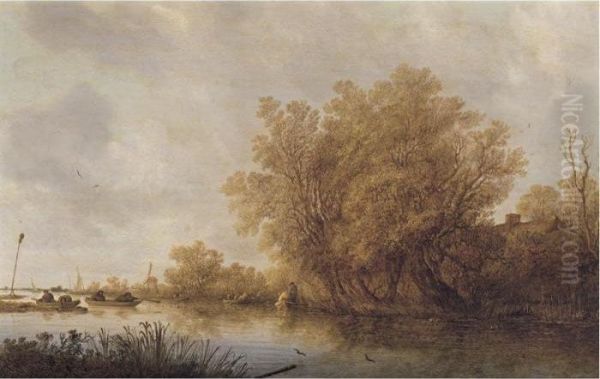 A River Landscape With Fishermen Oil Painting by Salomon van Ruysdael