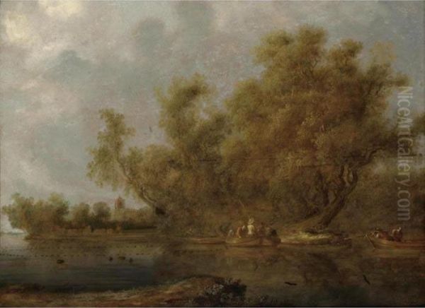 A River Landscape With Fishermen And Sportsmen In Boats, A Church Tower Beyond Oil Painting by Salomon van Ruysdael